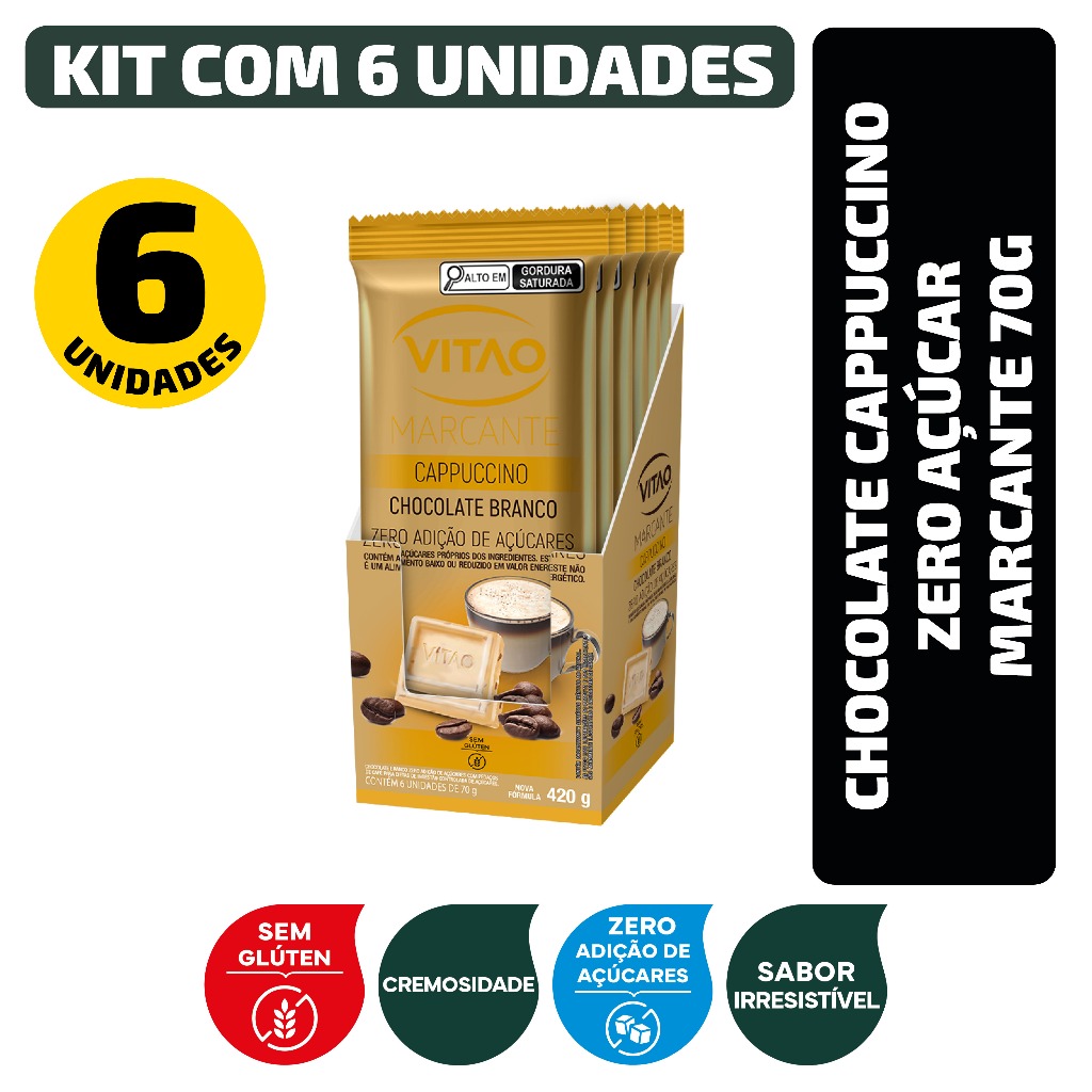 Kit Chocolate Cappuccino Zero Açúcar Marcante 70G - 6 Unidades em Oferta na Shopee