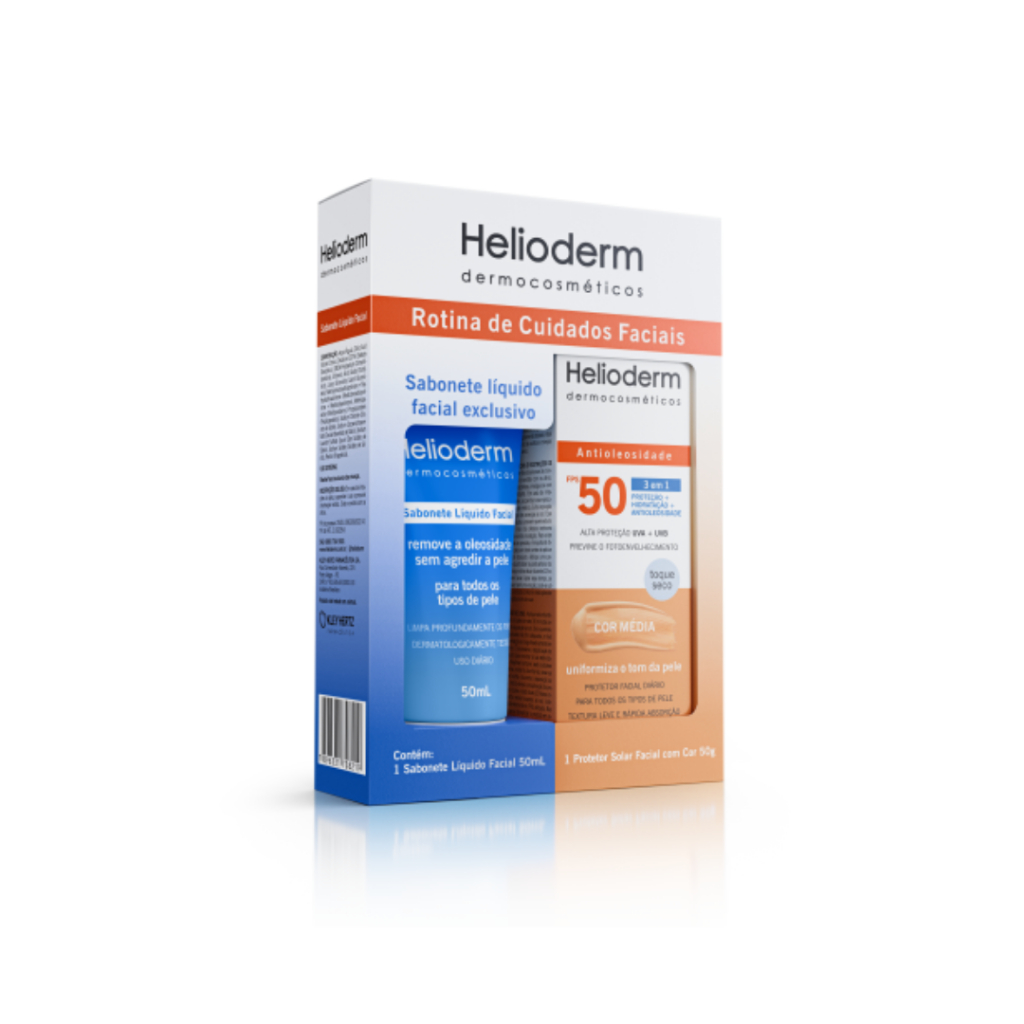 Kit Rotina de Cuidados Faciais Protetor Solar Facial Cor Média + Sabonete Líquido Facial Helioderm