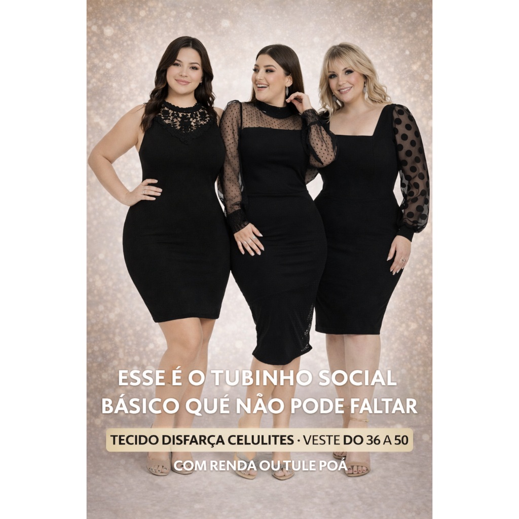 Vestido Feminino Moda Evangélica  Social  Midi Gospel Tubinho Plus Size Preto Tule (Mosquiteiro, Guippir, Quadrado)