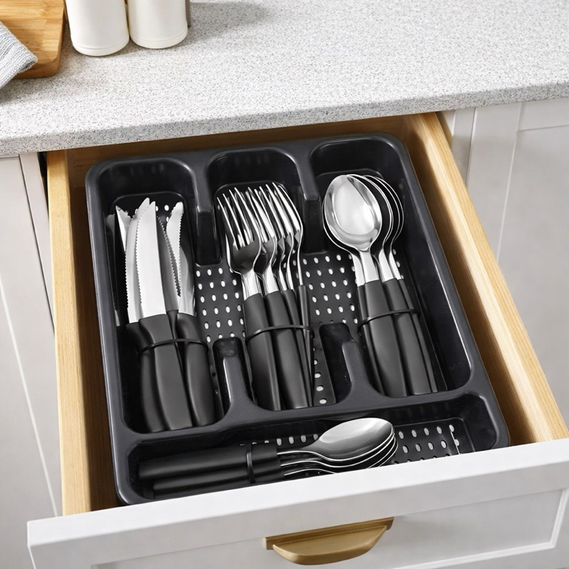 Jogo de Talheres em Aço Inox com Suporte Gaveteiro – Completo e Elegante