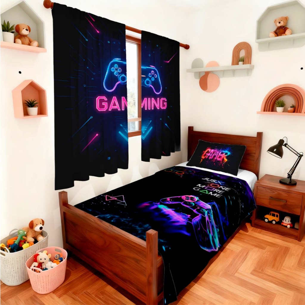 Cobre Leito + Cortina Kit Tema Game Jogo Partida Meninos Quarto Casa Decoração Moderna Oferta em Oferta na Shopee