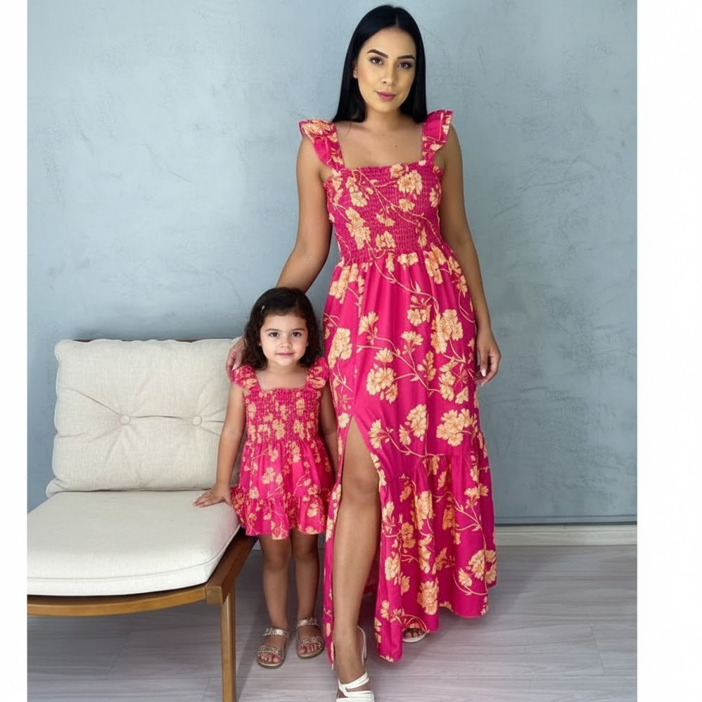 KIt tal mãe e filha  vestido longo florado lastex delicado