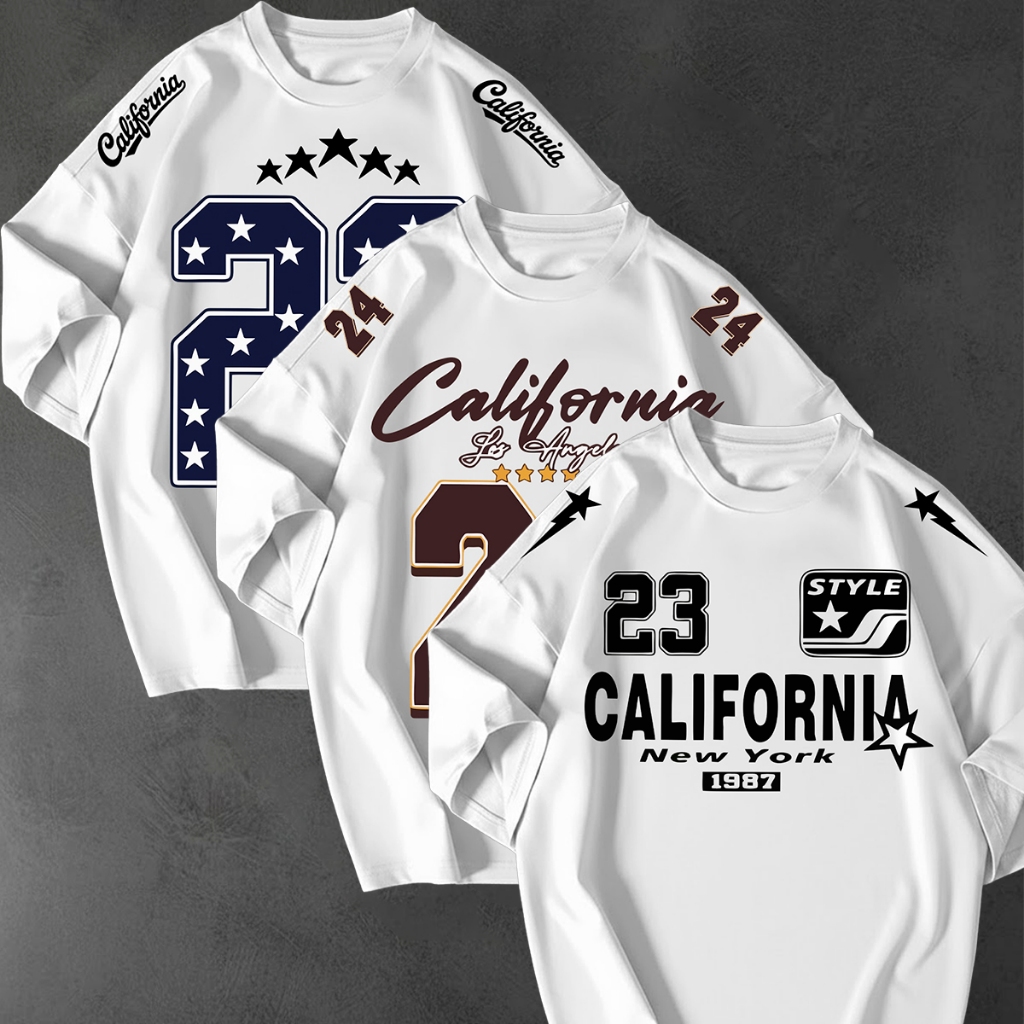 Kit 3 Camisetao Oversized Streetwear Estampa California Los Angeles New York 24 23 1987 Unissex Top