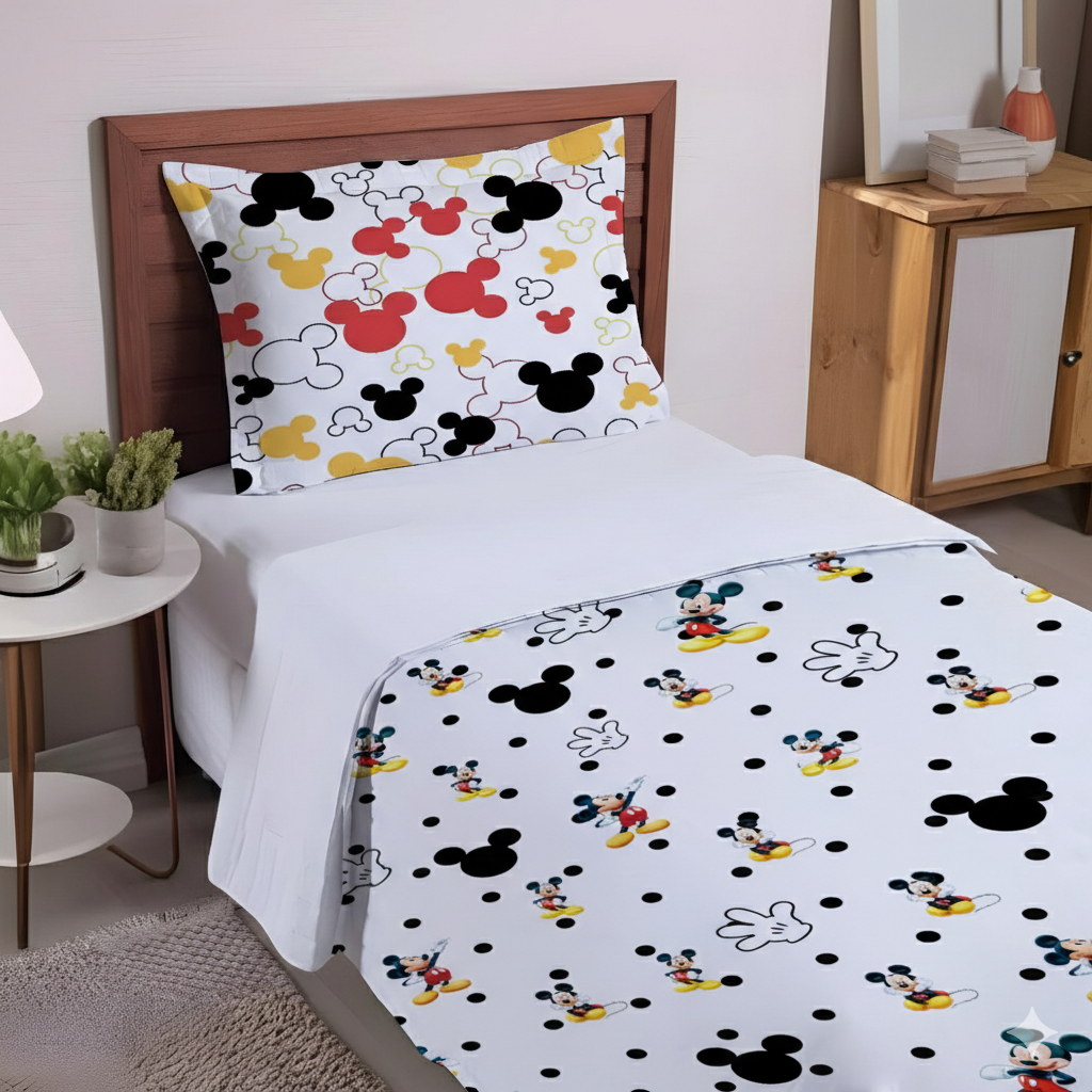 Kit Fronha + Cobre Leito Solteiro Estampa Mckey Decoração Quarto Unissex Infantil Teen Jogo de Cama Tecido Oxford