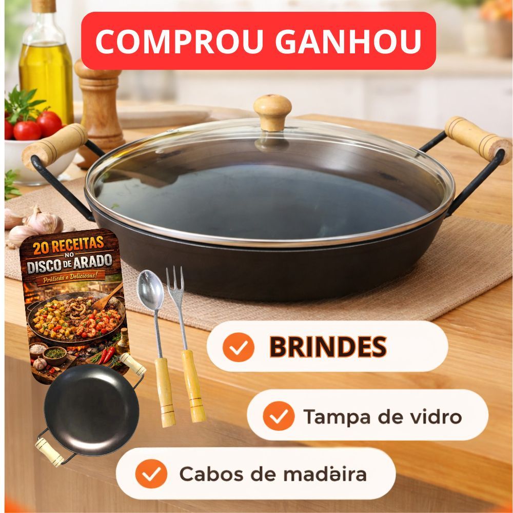 4 BRINDES EXCLUSIVOS + Disco de Arado Paelha Tacho de Ferro paella Com Tampa de Vidro Grande