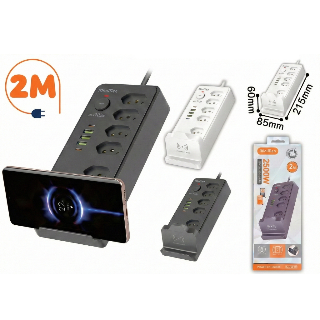 Filtro de Linha Extensão 2500W 2M Carregador Sem Fio Wireless 4 Tomadas 4 USB Turbo Bivolt Padrão BR em Oferta na Shopee