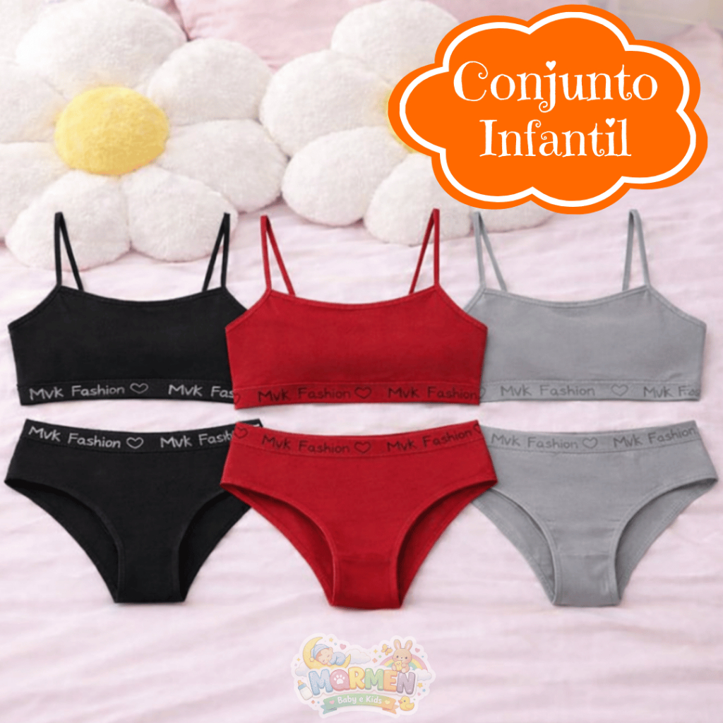 Kit 2/5 Conjunto Calcinha e Sutiã Infantil Sem Bojo Liso Algodão
