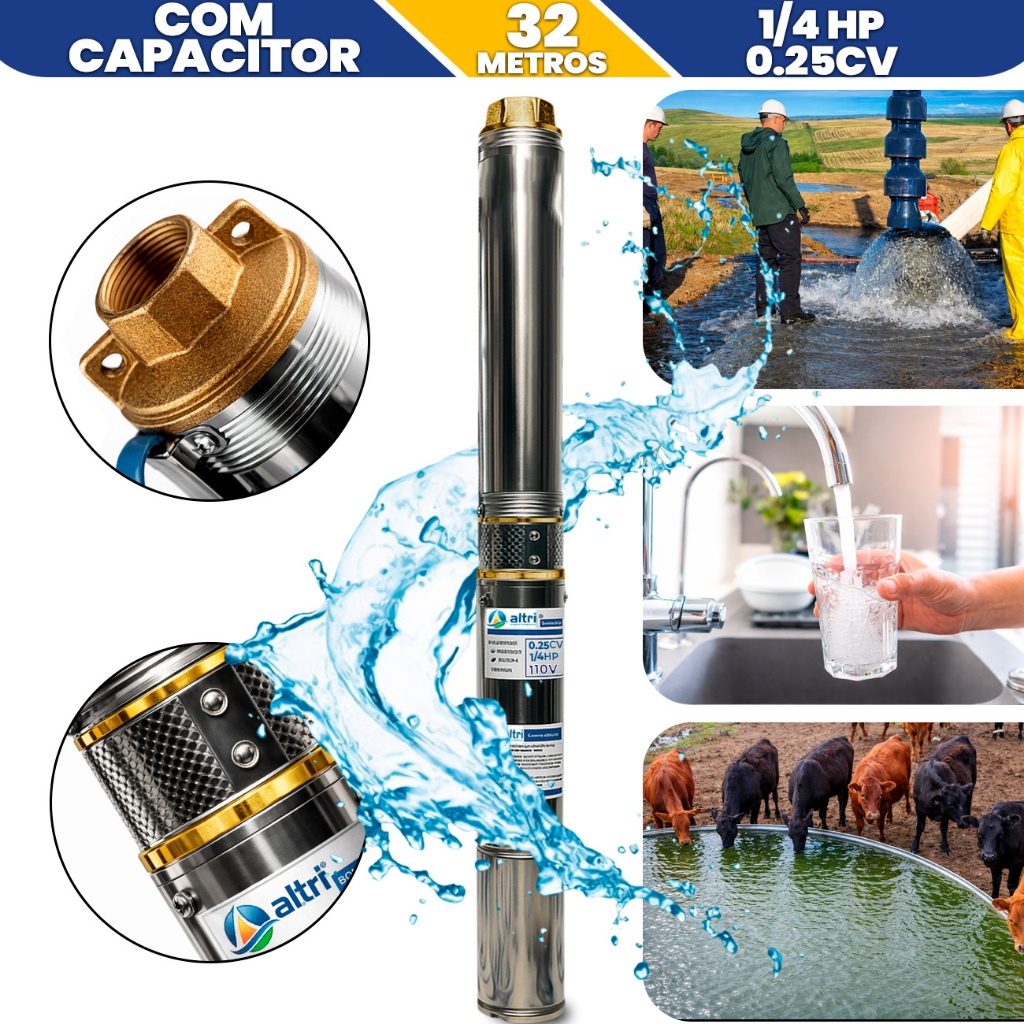Bomba Submersa Caneta Palito 0,25Cv 1/4Hp Mono 110/127V Poços Artesiano Até 31m Irrigação Agricola