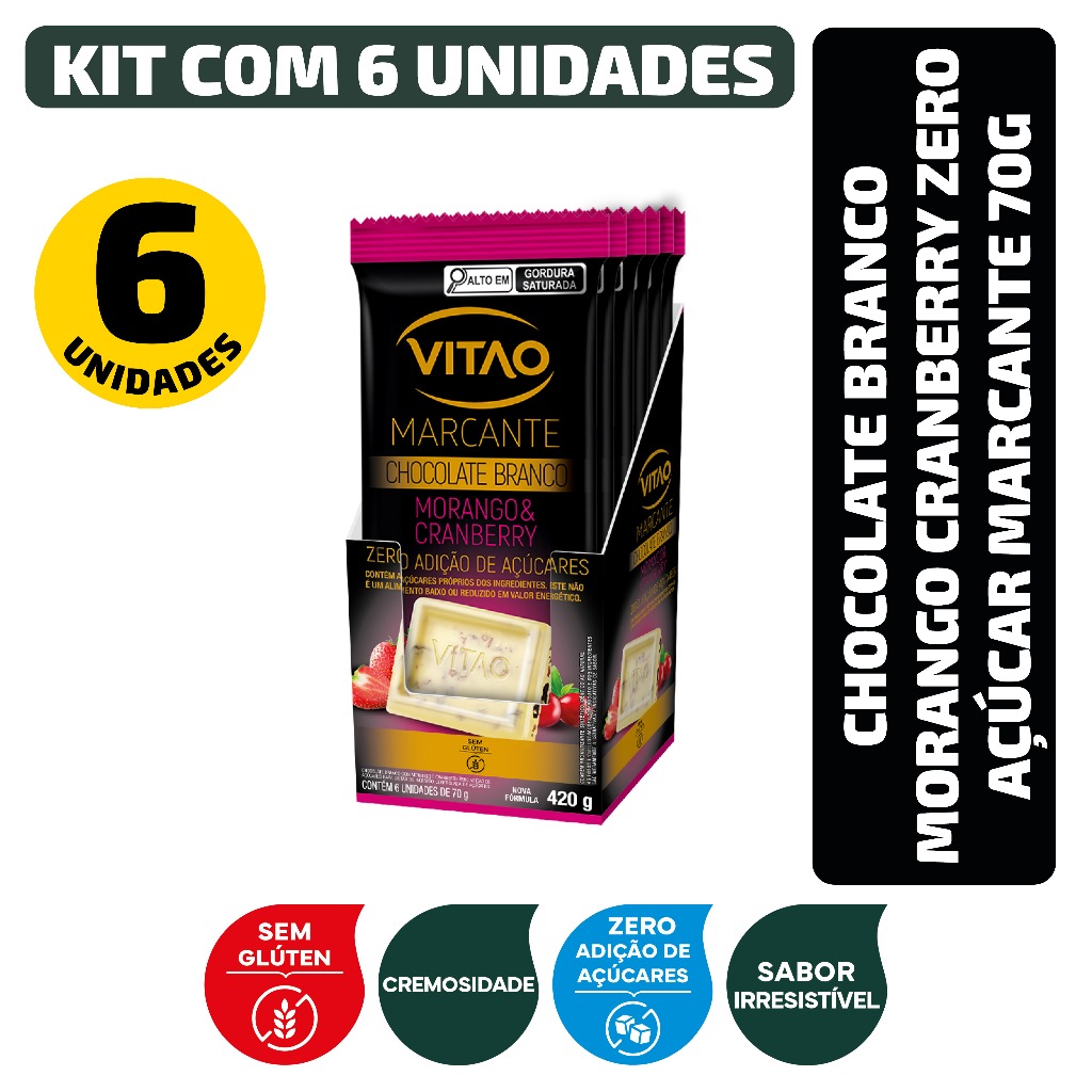 Kit Chocolate Branco Morango Cranberry Zero Açúcar Marcante 70G - 6 Unidades