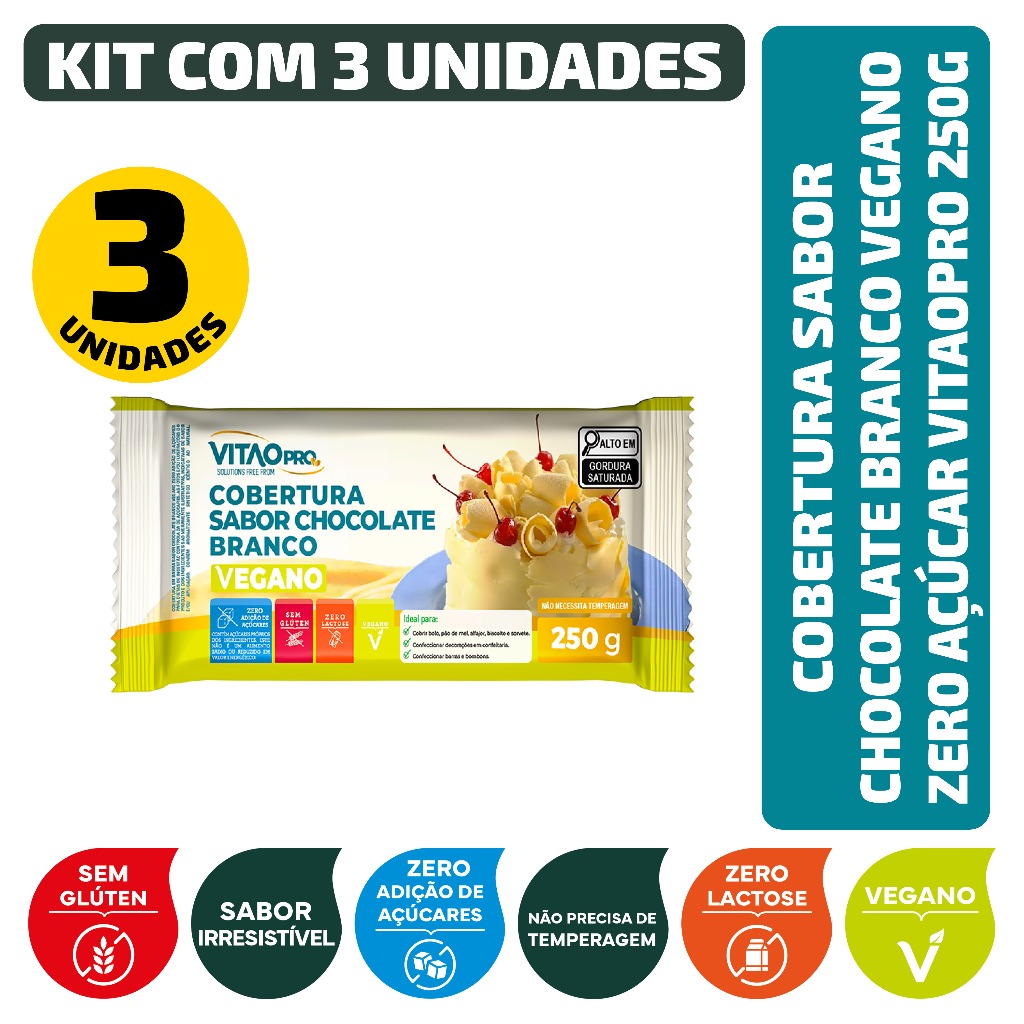 Kit Cobertura Sabor Chocolate Branco Vegano Zero Açúcar Vitaopro 250G - 3 Unidades em Oferta na Shopee