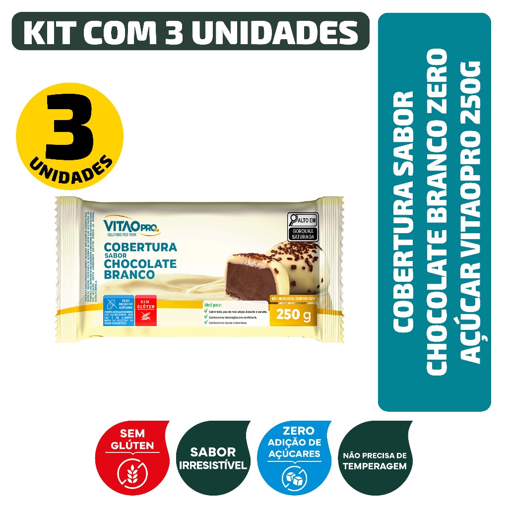 Kit Cobertura Sabor Chocolate Branco Zero Açúcar Vitaopro 250G - 3 Unidades em Oferta na Shopee