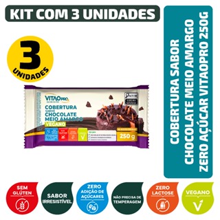 Kit Cobertura Sabor Chocolate Meio Amargo Zero Açúcar Vitaopro 250G - 3 Unidades em Oferta na Shopee