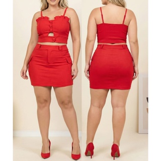 Conjunto Feminino Bengaline Saia Bolsos Laterais e Cropped Busto Detalhado Franzido em Oferta na Shopee