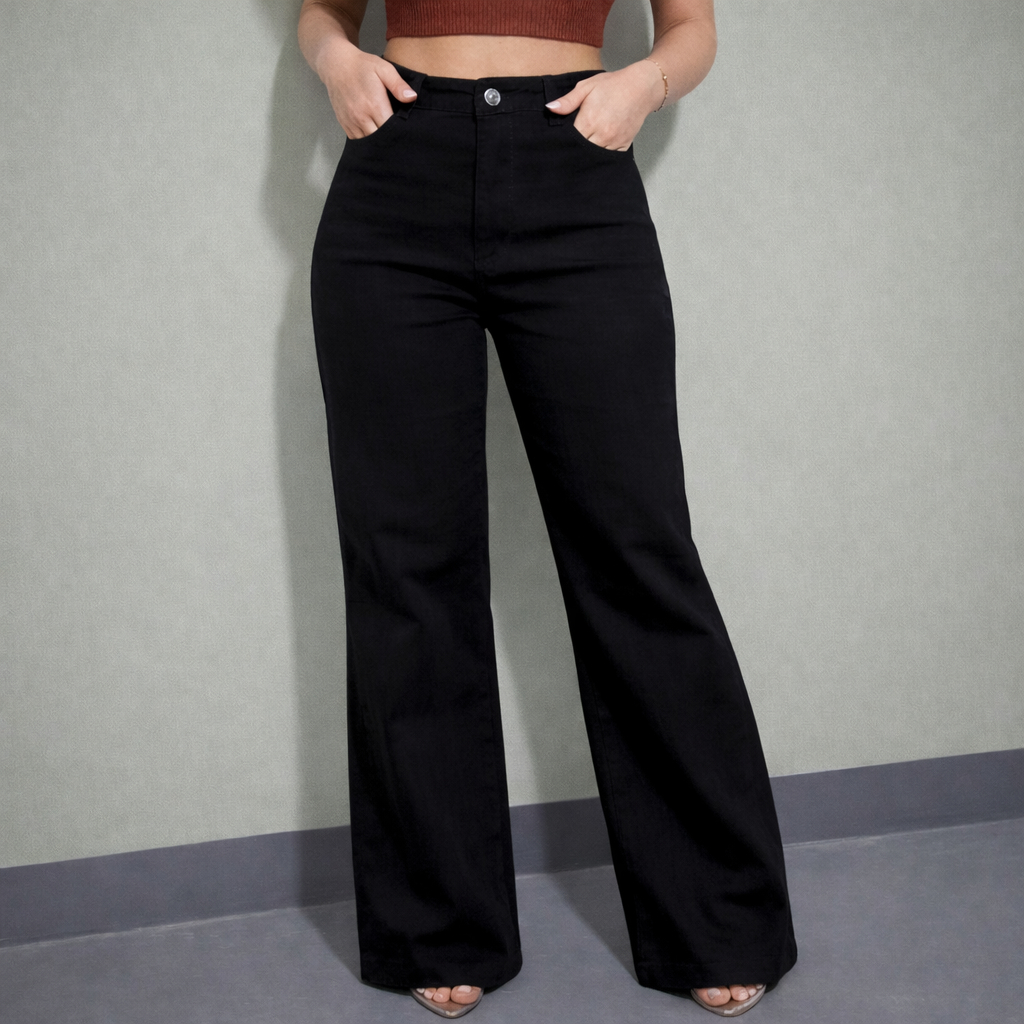 Calça Jeans Feminina Wide Leg Preta Cintura Alta Pantalona Boca Larga Tecido Encorpado 100% Premium