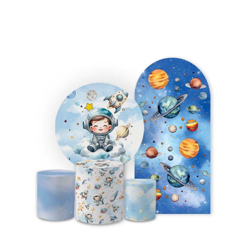Kit Casadinho Capas De Painel E Cilindro Tema Astronauta Cute Decoração Festa Infantil Espaço Fofo