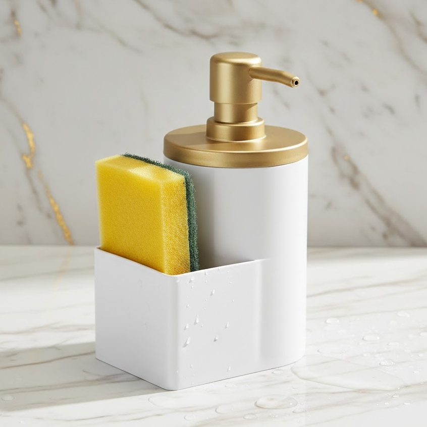 Dispenser Porta Detergente e Bucha Branco e Dourado - Arthi 1164 em Oferta na Shopee