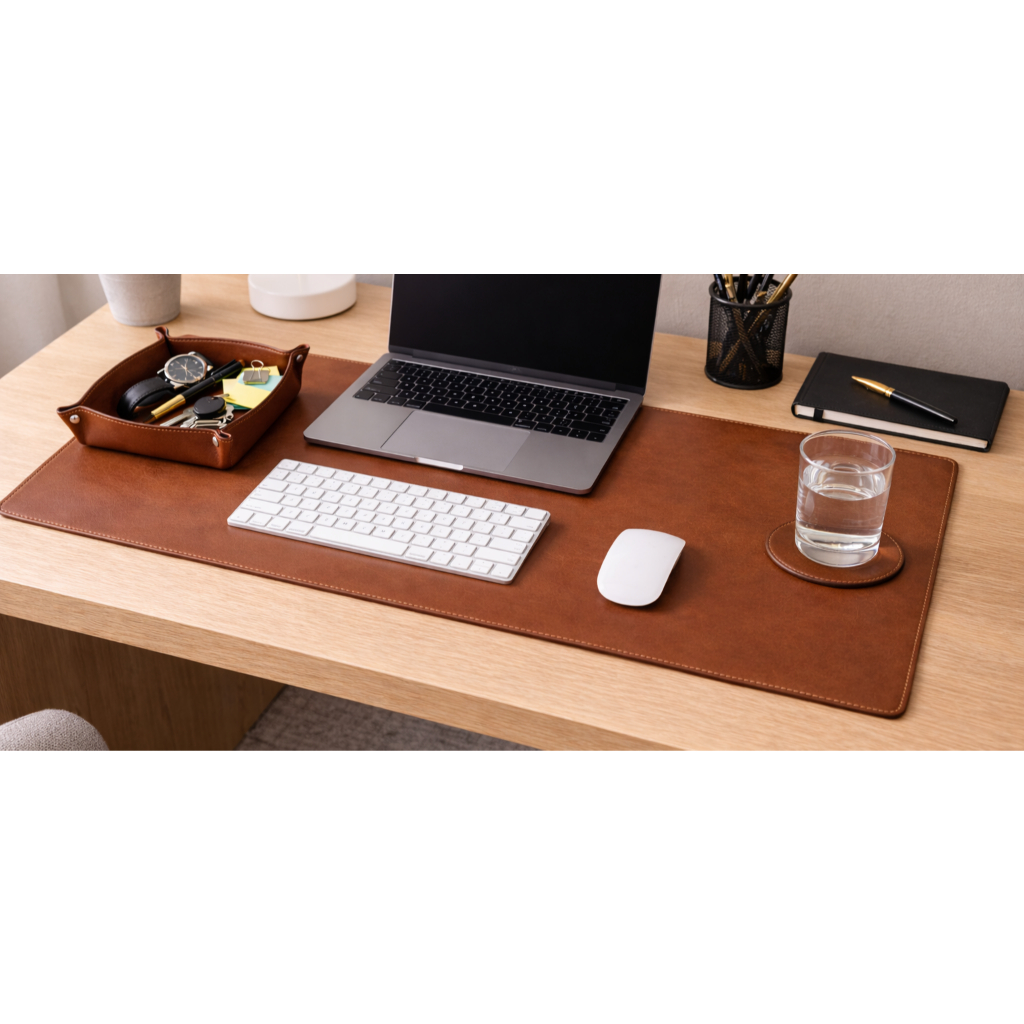 Kit MousePad Deskpad 70x30 + Mouse Pad 20x20 + Porta Treco + Porta Copo Couro Sintético Escritório Mesa Office