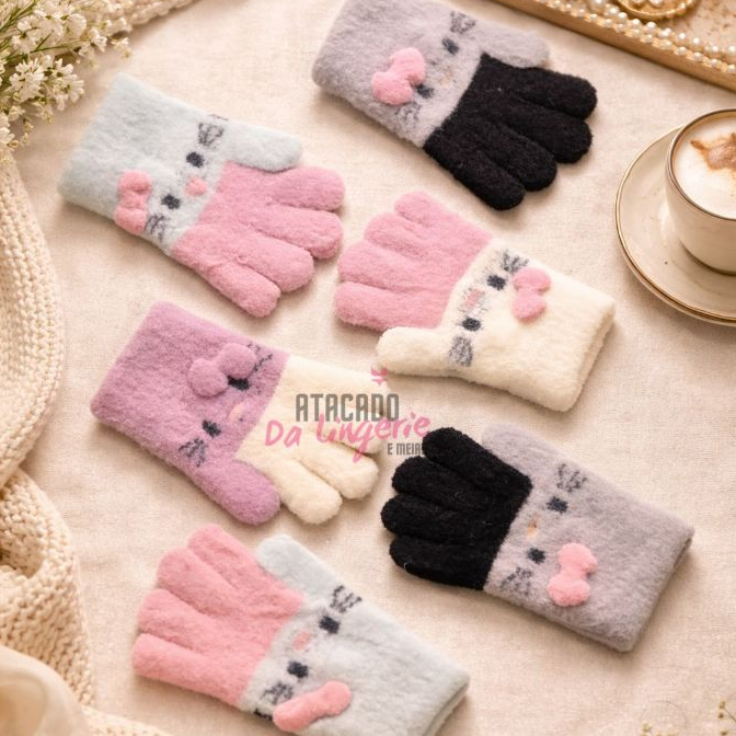 Kit 2 Pares Luva Infantil Gatinho Térmica Para Frio Moda Inverno Kids Menina Conforto