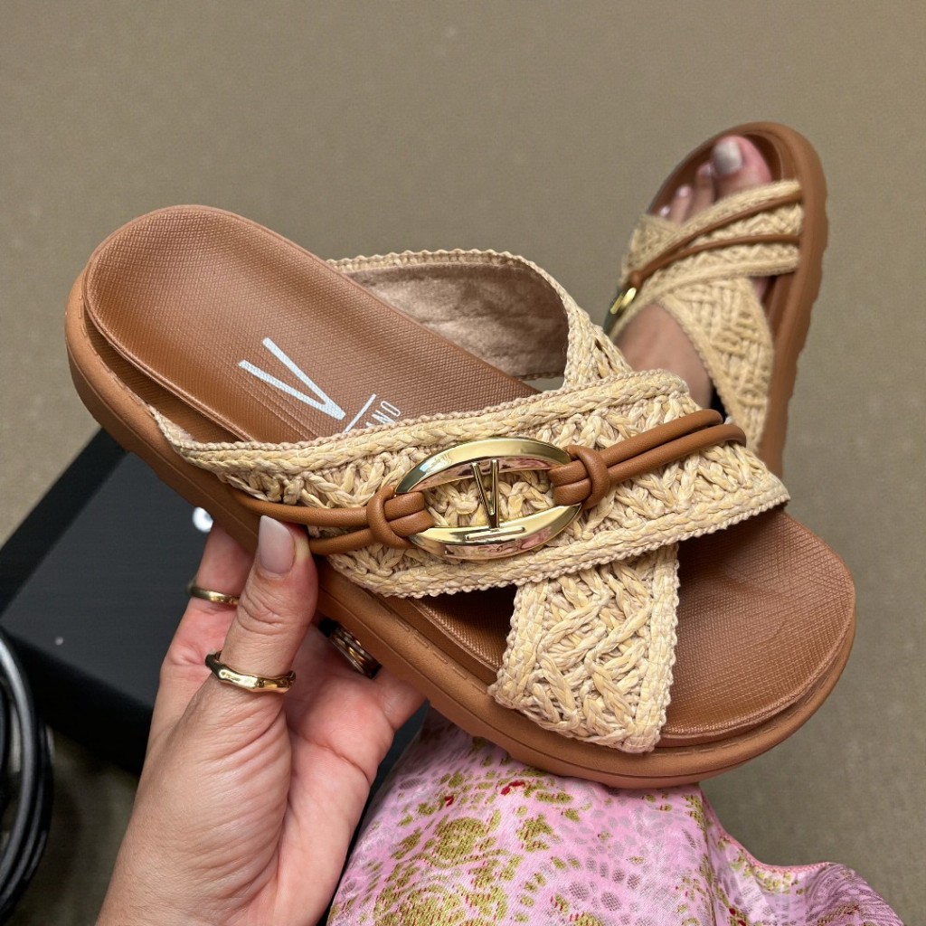 Sandália Papete Vizzano Plataforma Tiras Cruzadas Palha Crochê original em Oferta na Shopee