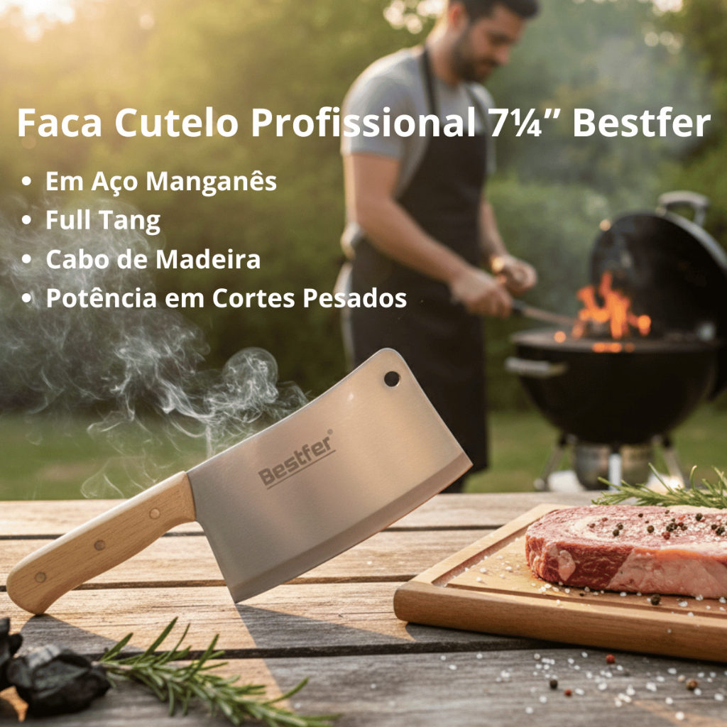 Faca Cutelo Profissional 7¼” Bestfer Aço Manganês Full Tang Cabo Madeira em Oferta na Shopee