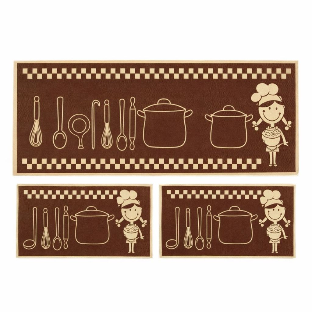 Tapete Jogo Cozinha Passadeira Antiderrapante 3 Pçs Trilho Gourmet Emborrachado Chefe Fogao Marrom