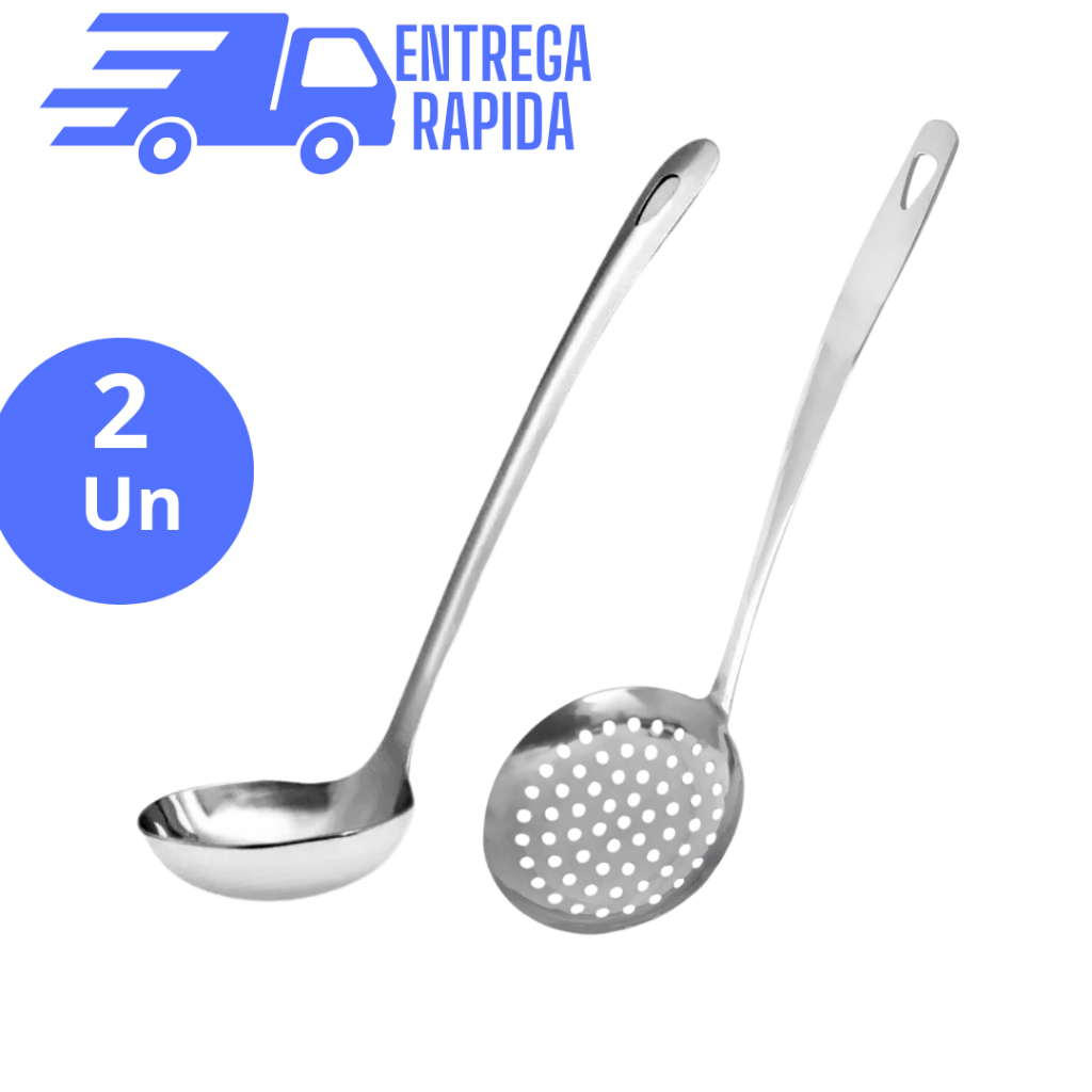 kit Concha de Sopa Feijão Caldos 30cm  e Escumadeira em Aço Inoxidável Maciço Grande 32cm Utensílios de Cozinha 2 Peças