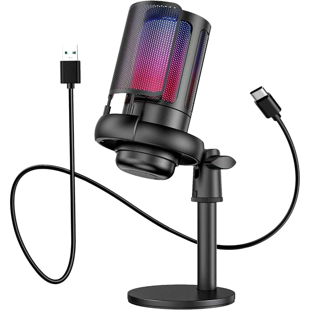 Microfone Gamer Condensador Plug and Play RGB USB-C Alta Sensibilidade Podcast, Streaming e Jogos