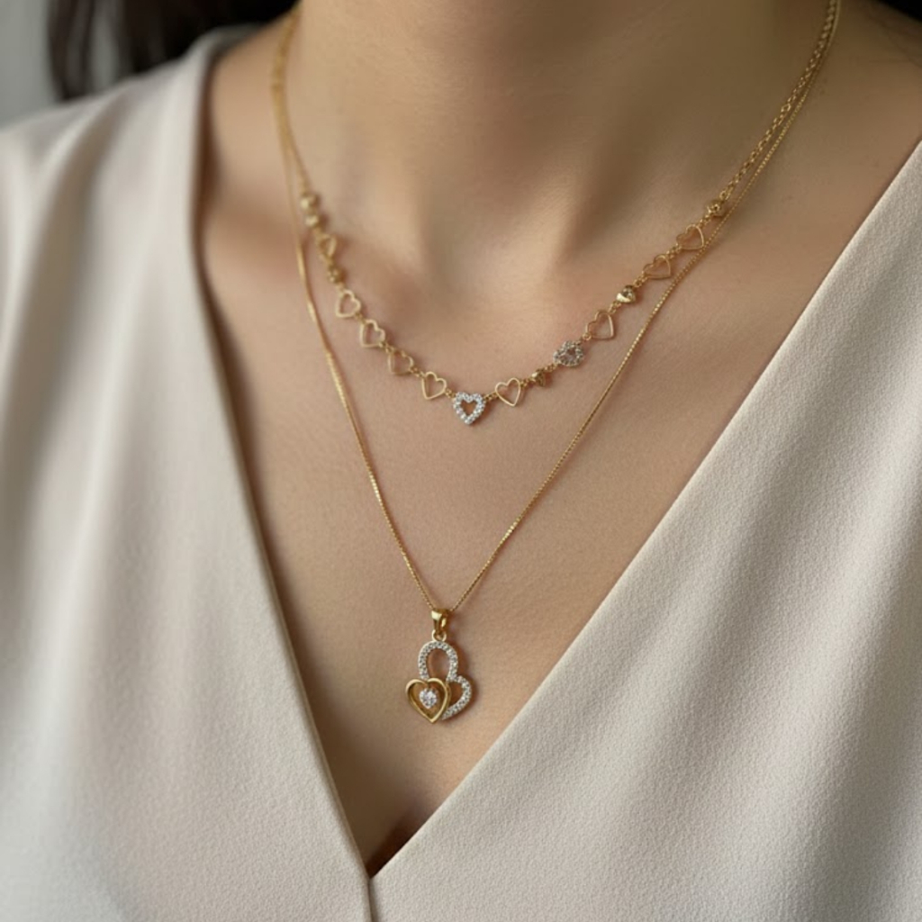 Colar Duplo Feminino Coração Cravejado Zircônia Folheado a Ouro Gargantilha Camadas Delicada Romântica