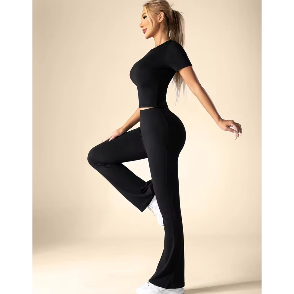 Conjunto Fitness Feminino Premium Calça Legging Flare Bailarina + Baby Tee SlimFit Academia Yoga — imagem 1