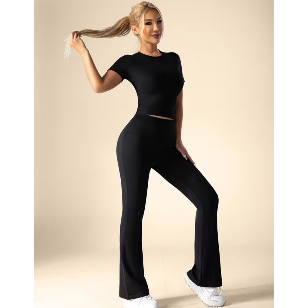 Conjunto Fitness Calça Legging Feminina Flare Bailarina e Blusinha SlimFit Justa Baby Tee Academia em Oferta na Shopee