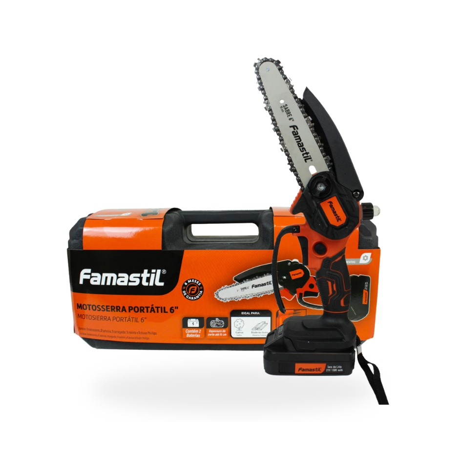 Motosserra Portátil Recarregável Famastil 21V Bivolt 2 Baterias Sabre 6" 31,5W 3900 RPM