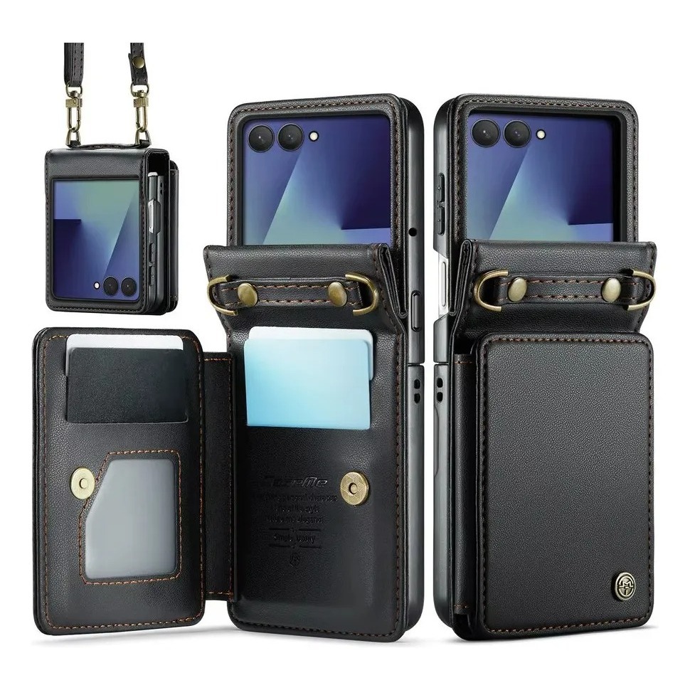 Capinha Capa Para Z Flip 7 Couro Carteira Pulseira Cordão Premium Alça Suporte em Oferta na Shopee