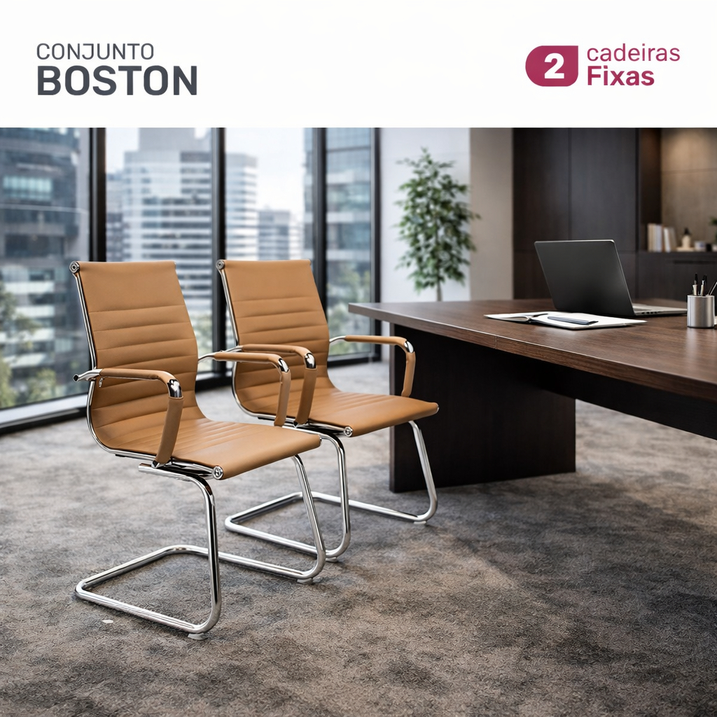 Conjunto 2 Cadeiras de Escritório Moob Boston Executiva Base Fixa Esteirinha Caramelo
