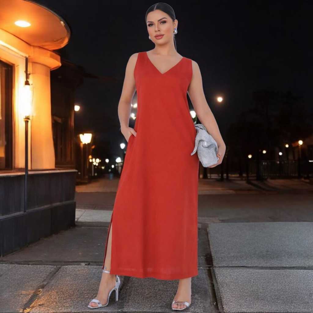 Vestido Midi Feminino Soltinho Em Linho Com Elastano  Alças Largas Com Fenda - Promoção de Verão