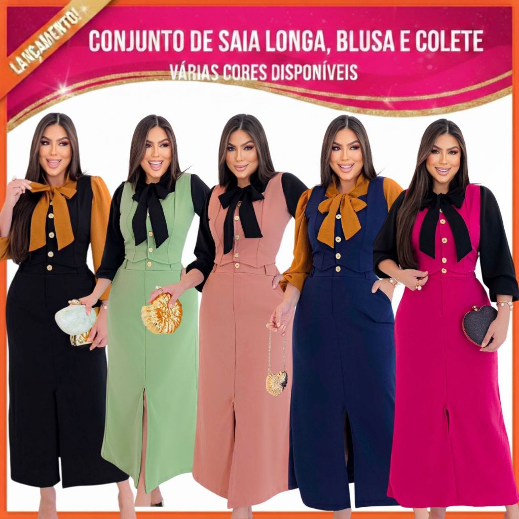 CONJUNTO ELEGANTE 3 PEÇAS: SAIA LONGA, COLETE E BLUSA MODA EVANGÉLICA CRISTÃ, CULTO CONGRESSO SOCIAL em Oferta na Shopee