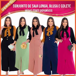 CONJUNTO ELEGANTE 3 PEÇAS: SAIA LONGA, COLETE E BLUSA MODA EVANGÉLICA CRISTÃ, CULTO CONGRESSO SOCIAL em Oferta na Shopee