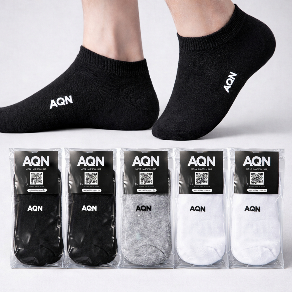 Meia Soquete Masculina Invisível Kit 5 Pares AQN SPORT Conforto Preta Branca Cinza