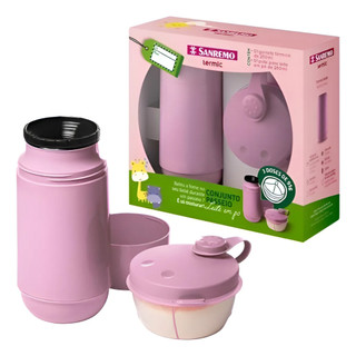 Conjunto Passeio Garrafa 250ml + Pote Para Leite Em Po Rosa Bebê Sanremo Rosa