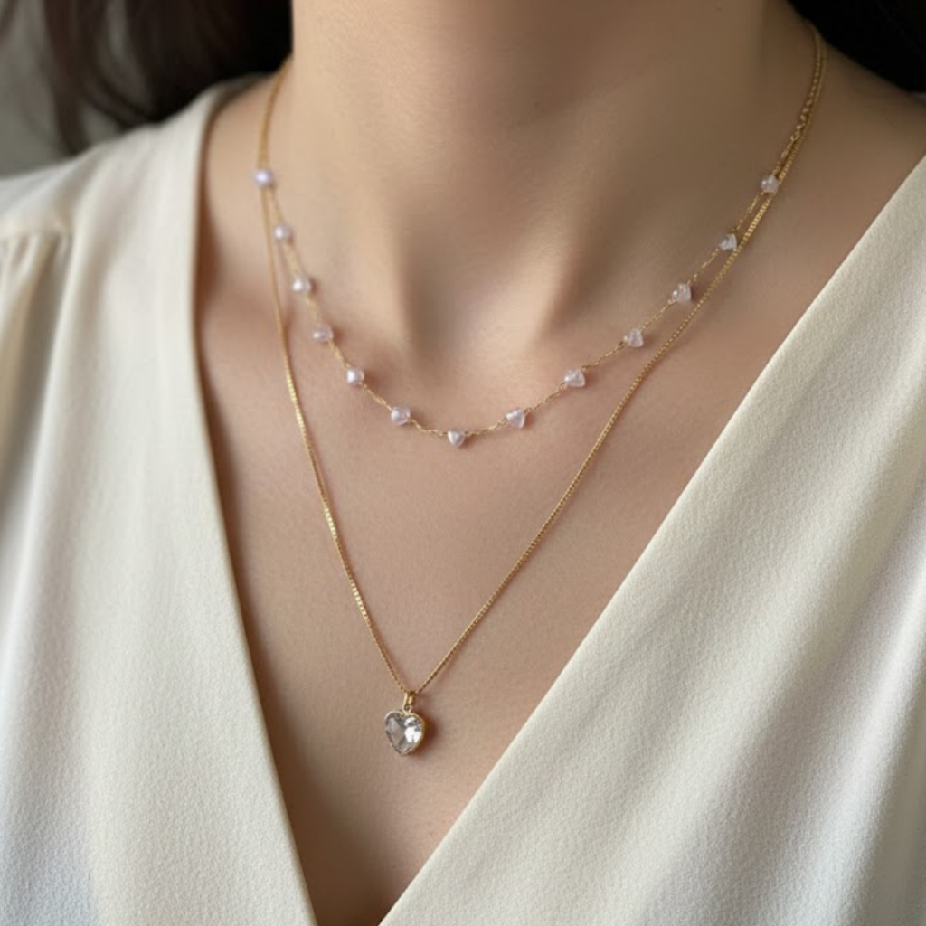 Colar Duplo Feminino Coração Cravejado Zircônia Folheado a Ouro Gargantilha Camadas Brilhante