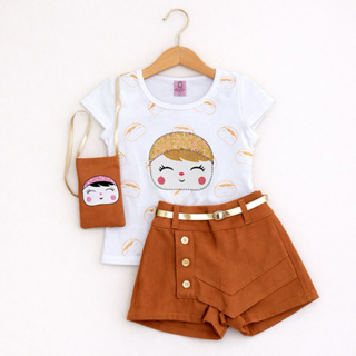 Conjunto Infantil Meninas Camiseta, Shorts Saia e Bolsinha Conjunto Social Blogueirinha Feminino em Oferta na Shopee