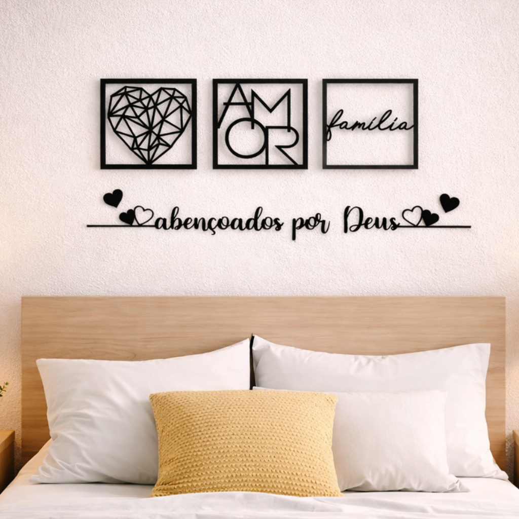 Kit 3 Quadros Familia Coração Geométrico Amor + Frase de Parede Abençoados por Deus Religioso MDF