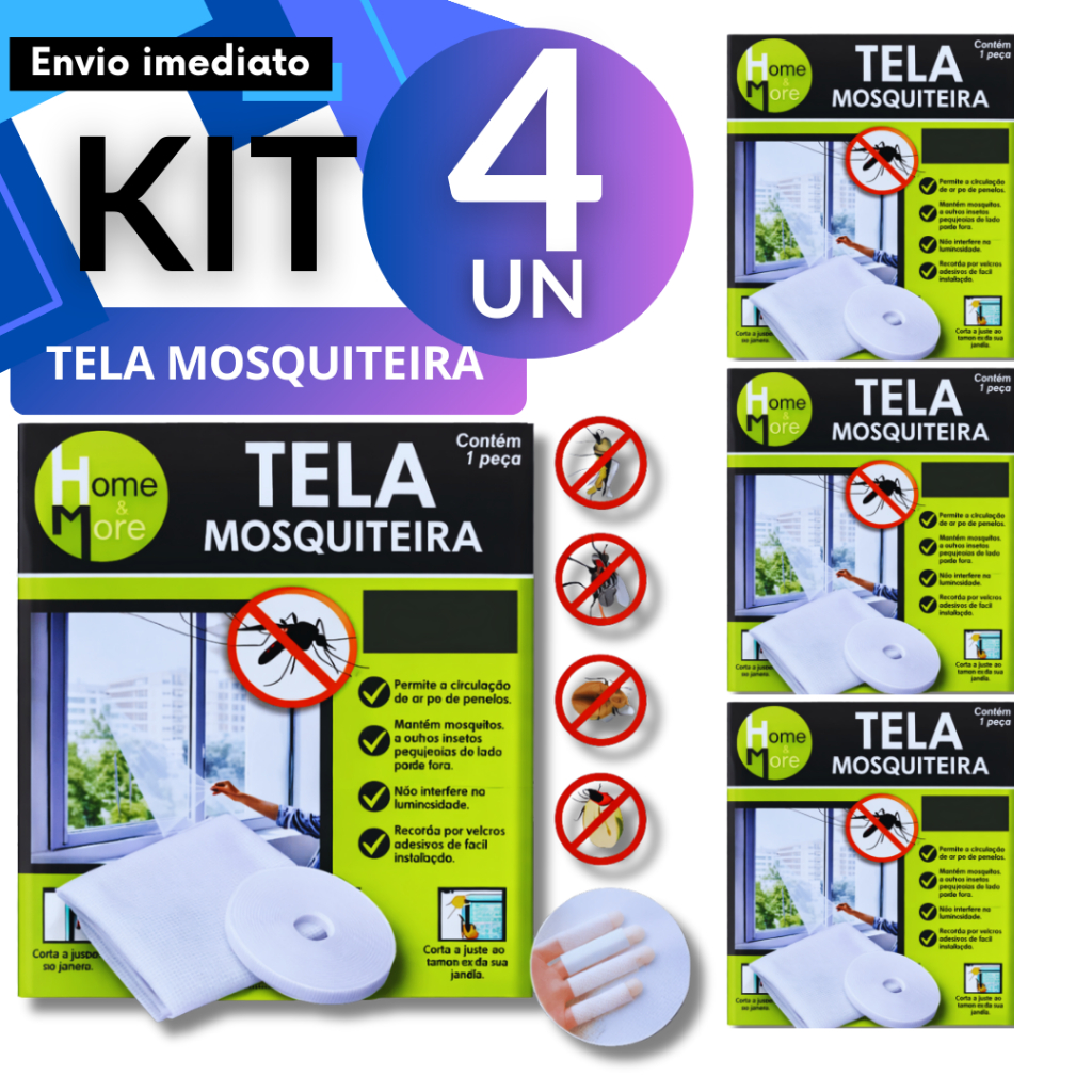 Tela Mosquiteira Janela 1,30x1,50 / 1,50x1,80 Fibra Poliéster Com Velcro Adesivo Anti Mosquito Pernilongo Kit 4/3/2/1