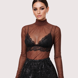 Body Feminino Tule Manga Longa Premium Gola Alta Tulle Preto Bory Collant Transparente em Oferta na Shopee