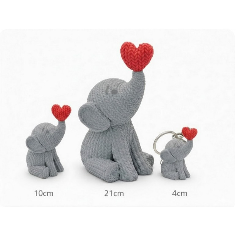 Elefante Decorativo Termoplástico Estilo Tricô Amigurumi - Unidade ou Kit (21cm / 10cm / Chaveiro 4cm)