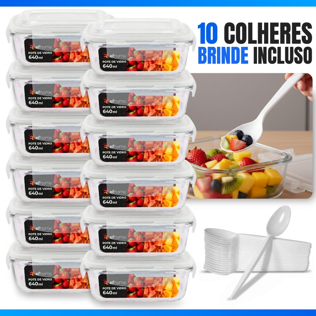 Imagem Kit 12 Potes Hermético 640ml Pote de Vidro Retangular Organizador Marmita Forno Microondas Freezer