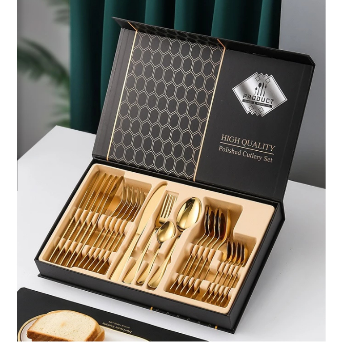 Jogo/KIT Talheres Faqueiro Inox Dourado Polidos de Alta Qualidade 24 Peças Premium Luxo Com caixa em Oferta na Shopee