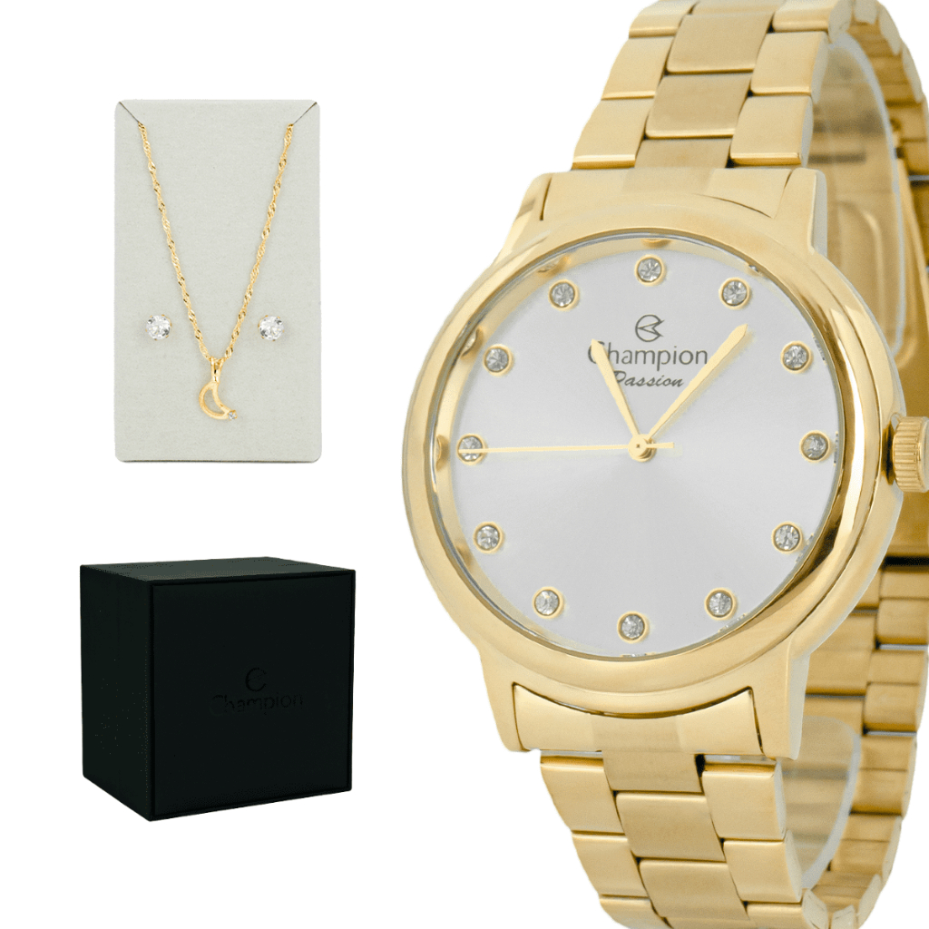 Relógio Feminino Champion Dourado Casual Original Garantia 1 ano + Kit Colar e Brinco em Oferta na Shopee