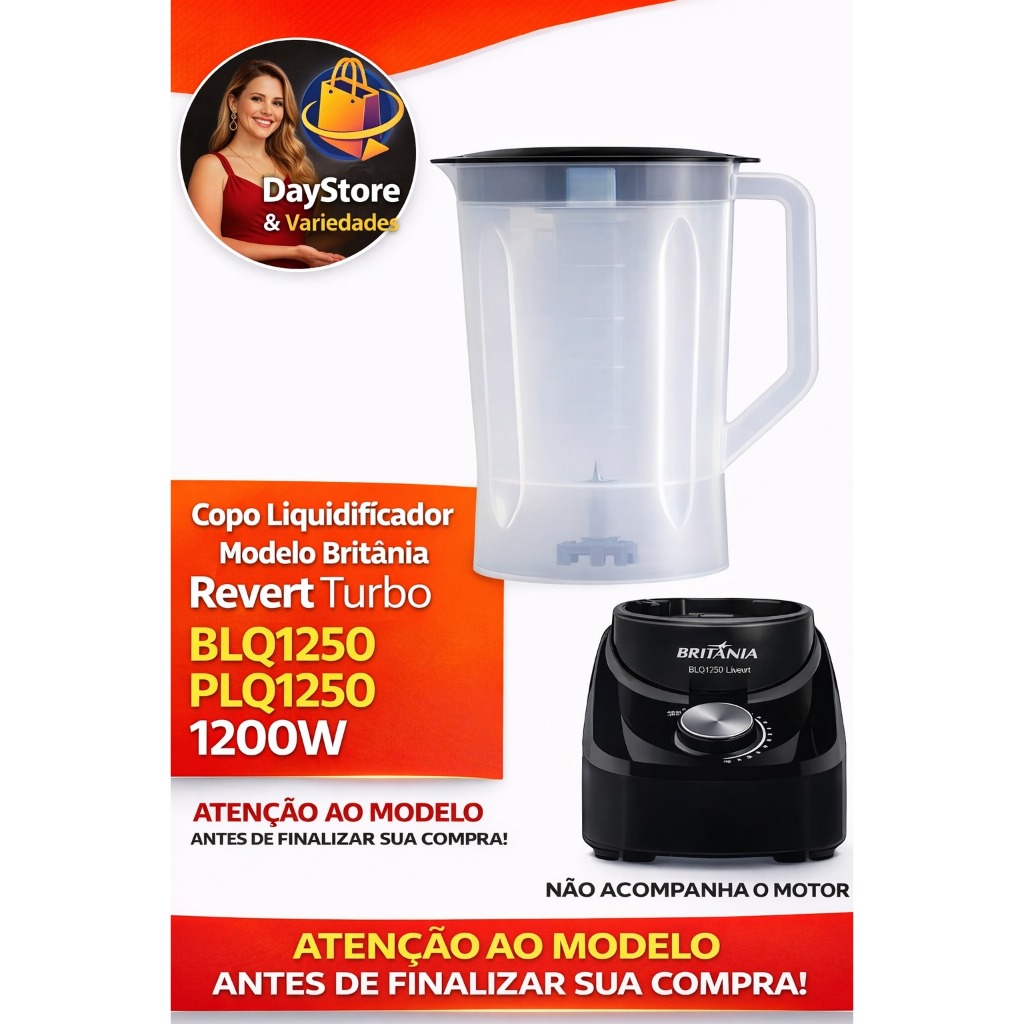 9953 Copo Liquidificador Compatível Modelo Britania Revert Turbo BLQ1250 PLQ1250 1200W (ATENÇÃO AO MODELO)