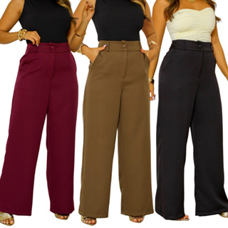 Calça Pantalona Alfaiataria Feminina Cintura Alta Wide Leg com Bolso Botão Forrado Social Elegante em Oferta na Shopee
