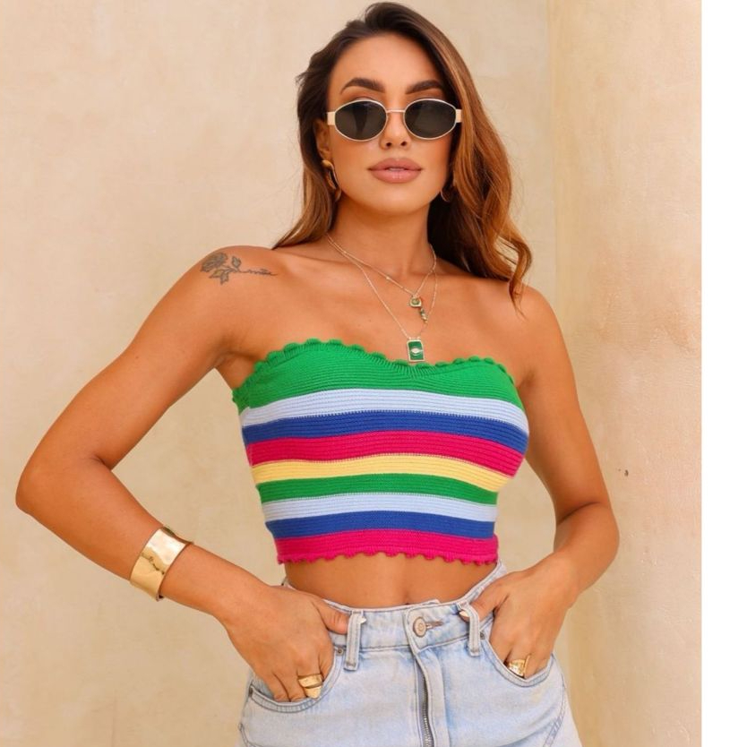 Cropped Top Virginia Tomara que Caia Listrado Colorido Feminino Moda Verao